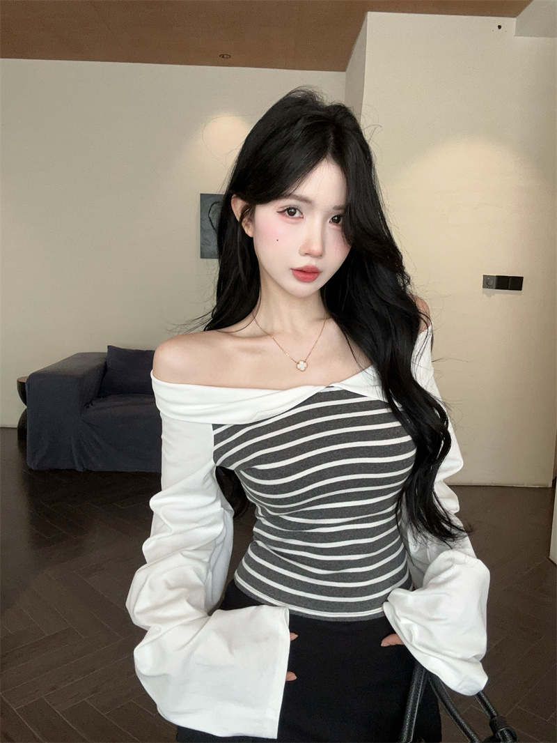 MY70353# 新款~绝美条纹拼接撞色短款泡泡袖显瘦衬衫上衣女女裝貨源服...