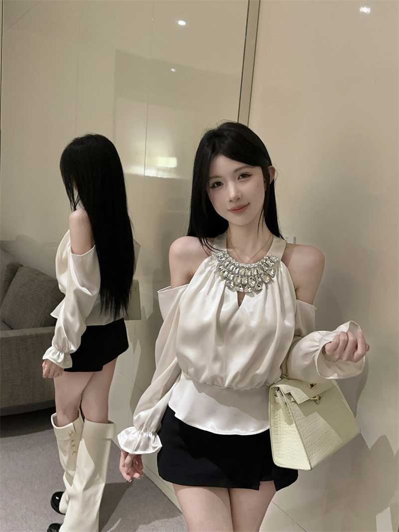 실사 정가 섹시함 홀로우 아웃 패치워크 다이아몬드 세팅 무거운 작업 행침 목 셔츠 맨위 여성