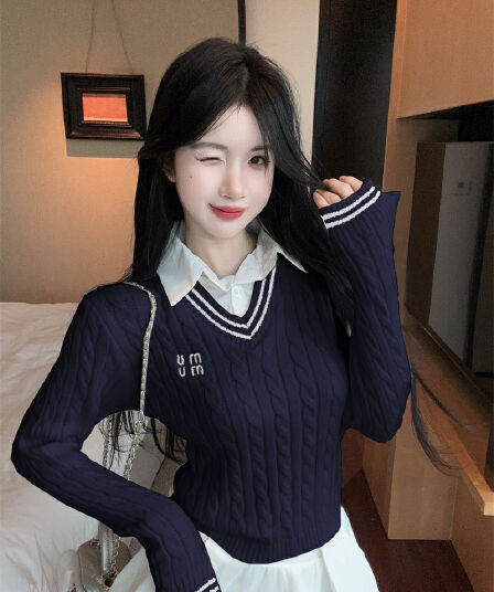 실사 디자인 센스 자수 V넥 꽈배기 페이크 레이어드 긴팔 니트 스웨터 여성