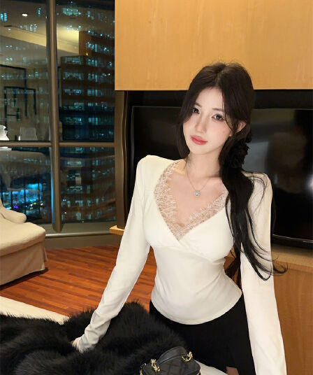 실사 섹시함 V넥 레이스 몸매 가꾸기 페이크 레이어드 티셔츠 맨위 여성
