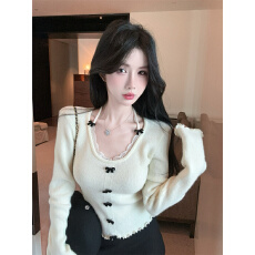 实拍实价 好质量蕾丝U领胿脖系带蝴蝶结加厚安迪绒针织衫女