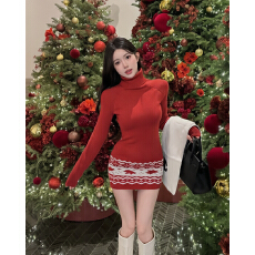 批发实拍实价 新款~新年复古红提花高领修身包臀针织<b class='q'>连衣裙</b>女