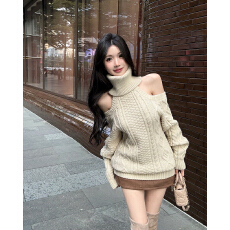 批发实拍实价 新款~纯欲麻花高领露肩长袖加厚<b class='q'>连衣裙</b>女