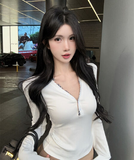 실사 배색 단추 V넥 긴팔 순면 티셔츠 맨위 여성