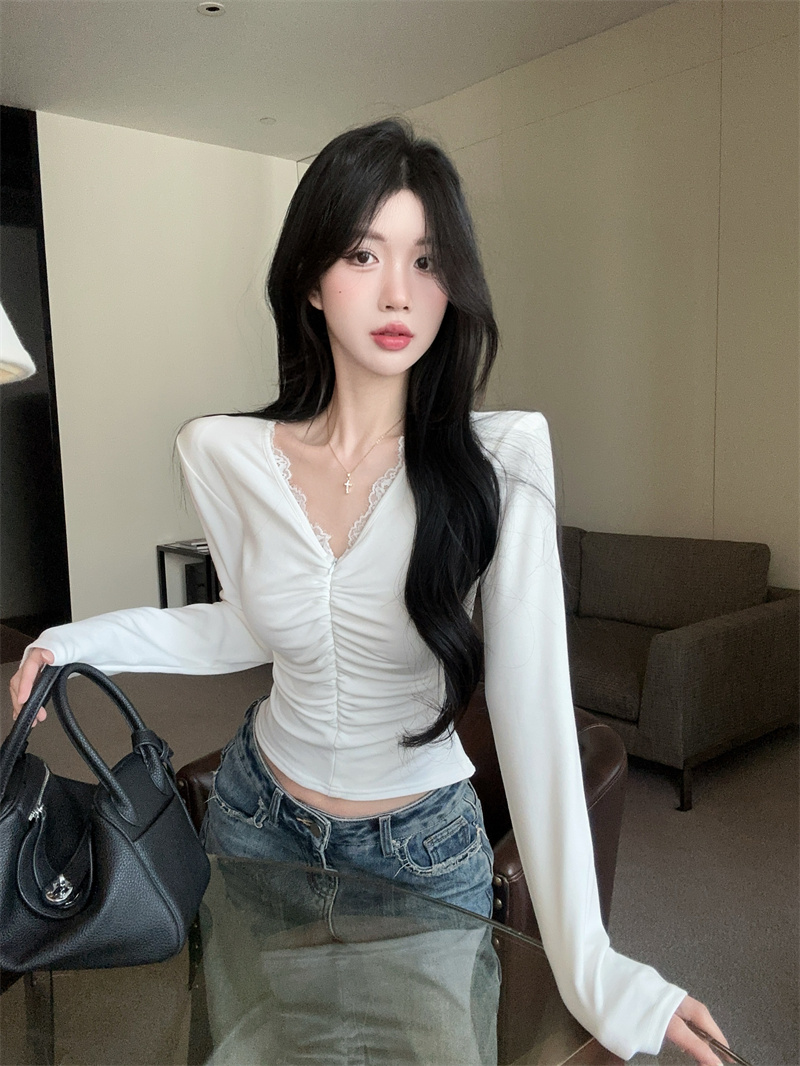 MY16269# 新款~正肩拉链大V领蕾丝纯棉加绒T恤上衣女女裝貨源服裝批...