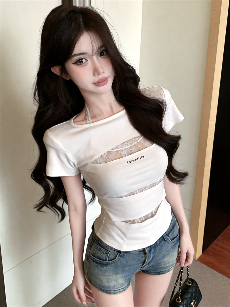 실사 정가 새로운 순수한 욕망 핫걸 바람 레이스 행침 목 홀로우 아웃 페이크 레이어드 순면 티셔츠 맨위 여성