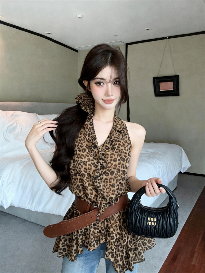 실사 정가 순수한 욕망 레오파드 무늬 프릴 슬림해 보이는 쉬폰 블라우스 맨위 여성 경기 헤드 플라워 벨트