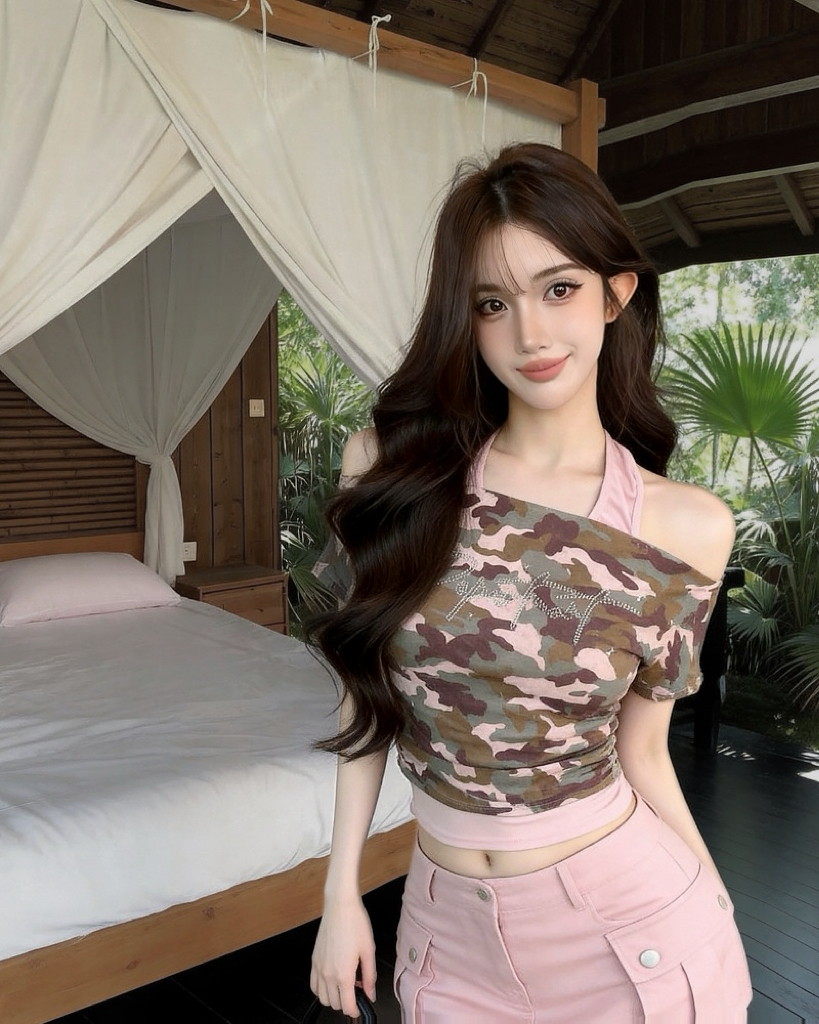 실사 새로운 순수한 욕망 바람 섹시함 오프숄더 핫픽스 카모플라주 페이크 레이어드 반팔 티셔츠 여성