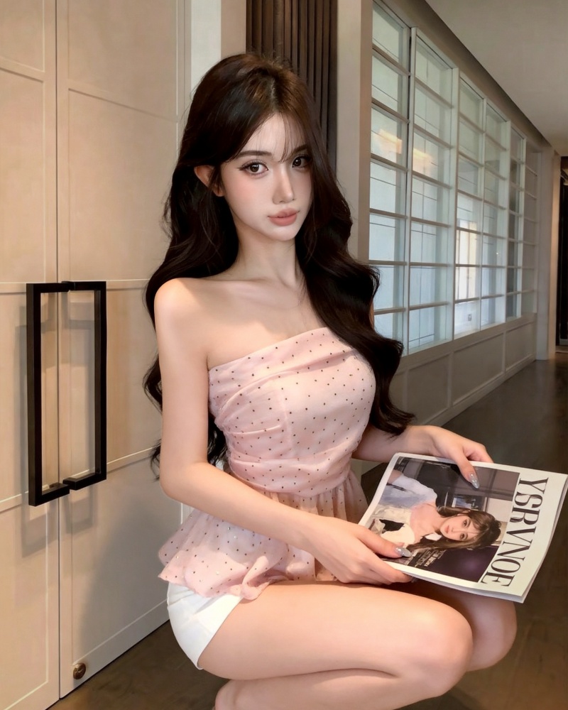 실사 새로운 핫걸 섹시함 오프숄더 도트 무늬 튜브탑 아름다운 맨위 여성