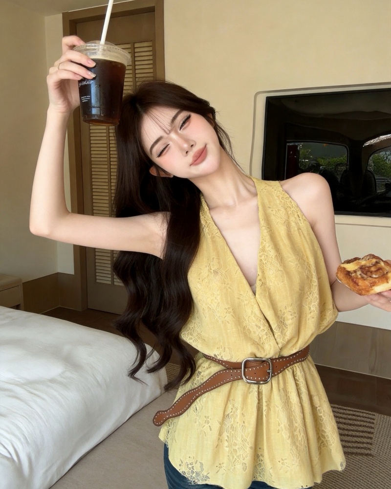 실사 새로운 순수한 욕망 섹시함 레이스 행침 목 조끼 여성 드레스 벨트 포함