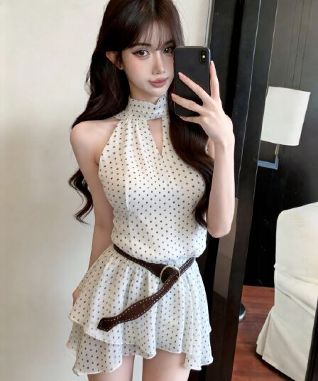 실사 새로운 품격 도트 무늬 민소매 행침 목 레이스업 시폰 셔츠 여성 벨트 포함