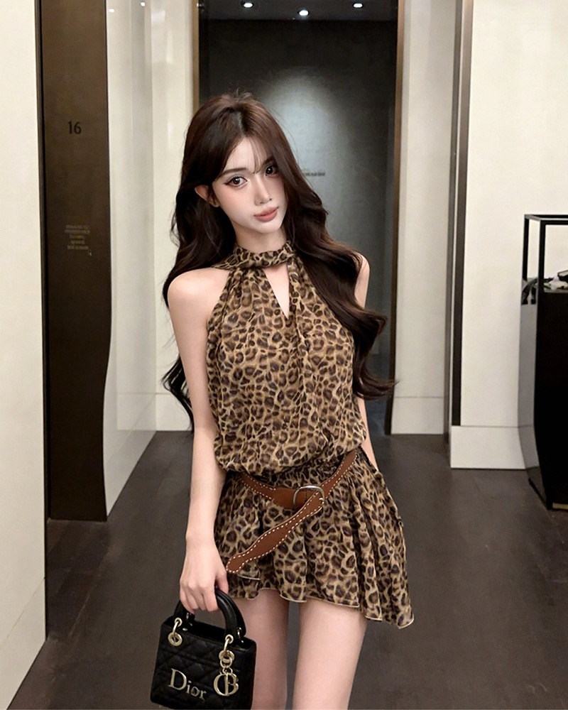 실사 새로운 핫걸 레오파드 무늬 행침 목 레이스업 시폰 셔츠 여성 벨트 포함