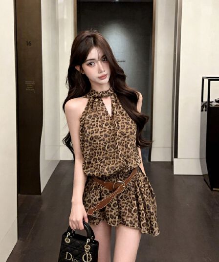 실사 새로운 핫걸 레오파드 무늬 행침 목 레이스업 시폰 셔츠 여성 벨트 포함