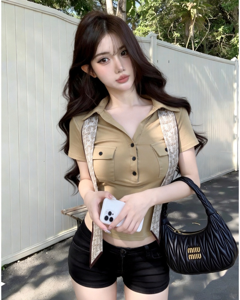 실사 새로운 아름다운 오래된 돈 바람 POLO 칼라 반팔 셔츠 티셔츠 여성 경기 스카프