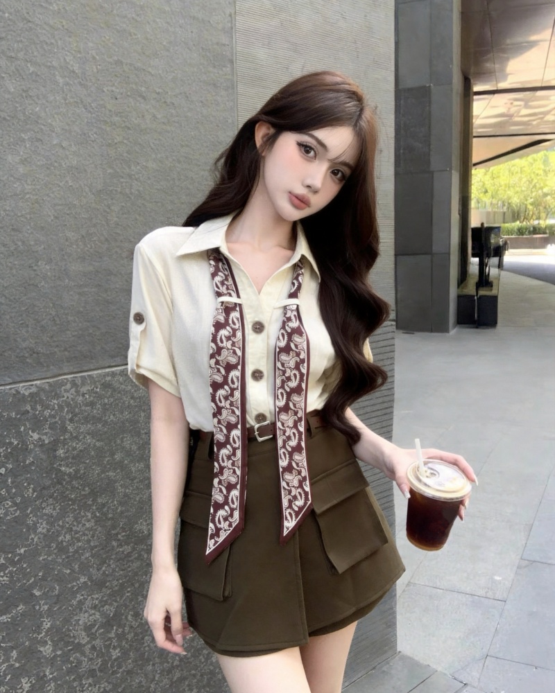 실사 새로운 오래된 돈 바람 폴로 칼라 스카프 셔츠 코디 하이웨이스트 워크웨어 반바지 치마 세트 여성