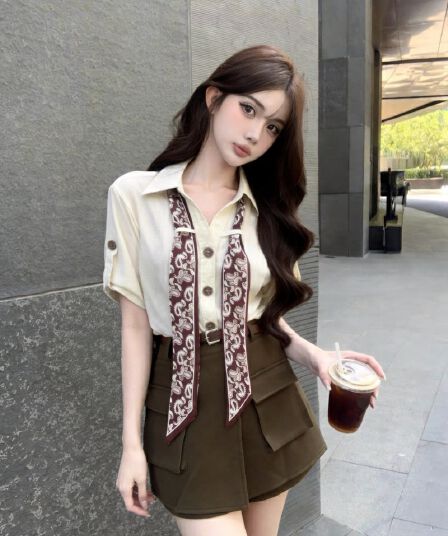 실사 새로운 오래된 돈 바람 폴로 칼라 스카프 셔츠 코디 하이웨이스트 워크웨어 반바지 치마 세트 여성