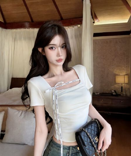 실사 새로운 아름다운 아름다운 광장 칼라 알파벳 프린트 레이스업 반팔 순면 티셔츠 여성 벨트 가슴 패드