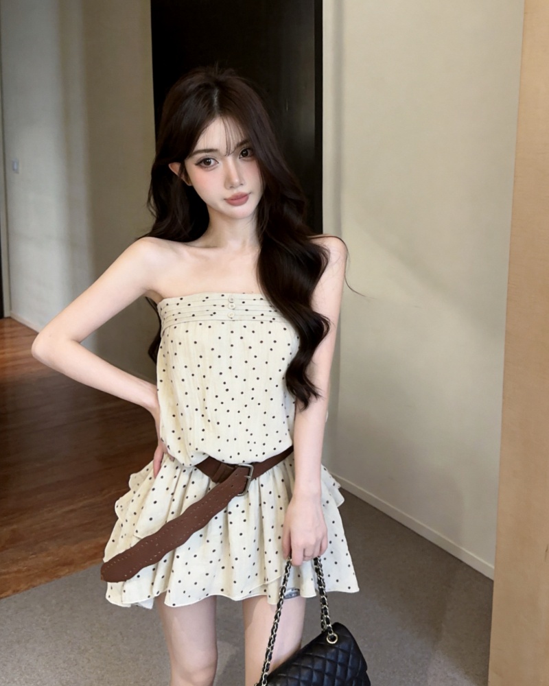 실사 새로운 핫걸 섹시함 도트 무늬 튜브탑 여성 드레스 벨트 포함