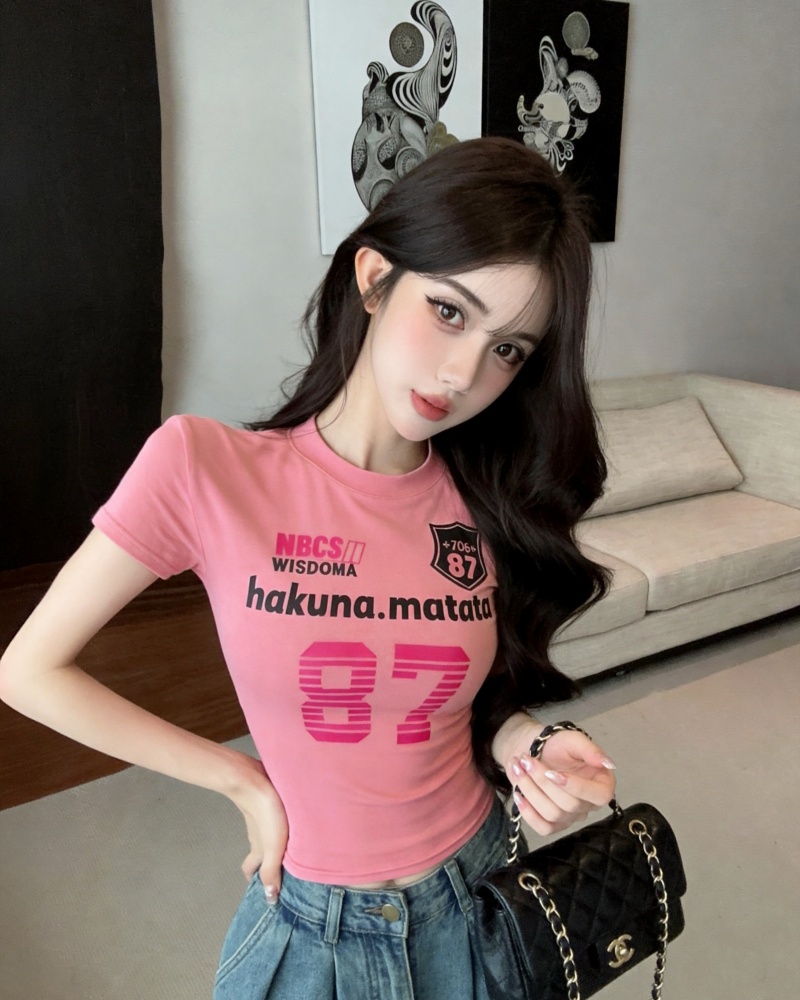 실사 새로운 소녀 센스 핑크색 배색 알파벳 프린트 순면 반팔 티셔츠 여성