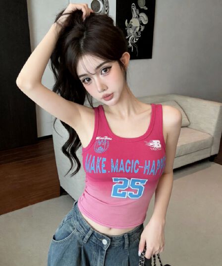 실사 새로운 핫걸 레트로 알파벳 프린트 그라데이션 색상 운동 조끼 여성