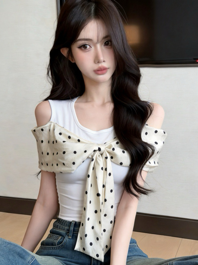 실사 섹시함 오프숄더 나비 매듭 도트 무늬 페이크 레이어드 반팔 순면 t 소매 여성