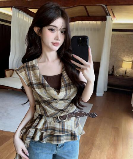 실사 새로운 연령 감소 불규칙 리본 페이크 레이어드 체크무늬 흔들다 칼라 쉬폰 블라우스 맨위 여성 벨트 포함