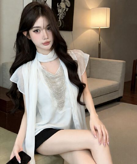 실사 정가 새로운 한 부서 무거운 작업 술 질감 센스 구슬 칼라 반팔 프릴 쉬폰 블라우스 맨위 여성