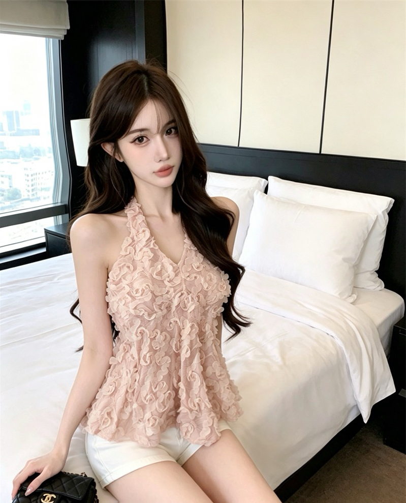 실사 소녀 달콤함 3 차원 꽃잎 V넥 행침 목 조끼 맨위 여성