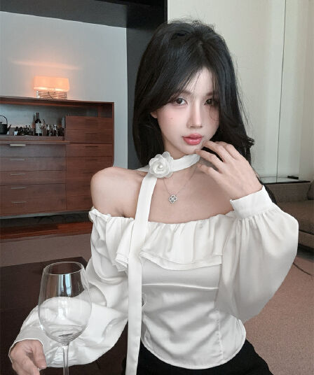 실사 디자인 센스 품격 프릴 오프숄더 긴팔 셔츠 맨위 여성