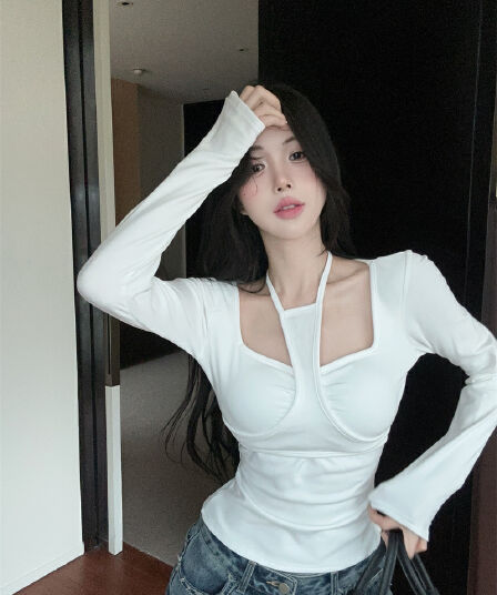 실사 핫걸 행침 목 오프숄더 V넥 순면 티셔츠 맨위 여성 벨트 가슴 패드