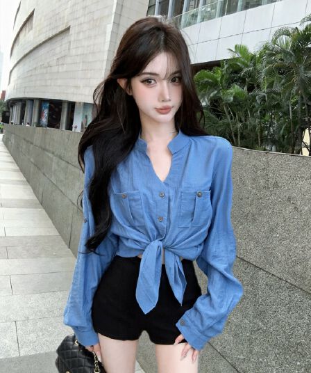 실사 새로운 오래된 돈 바람 톰 글 래 원인 블루 면 린넨 긴팔 자외선 차단 여성 셔츠