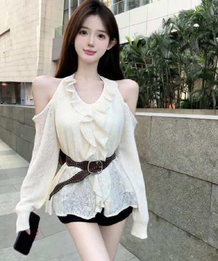 실사 새로운 고유 한 V넥 요금 레이스 오프숄더 레이스 맨위 여성 벨트 포함