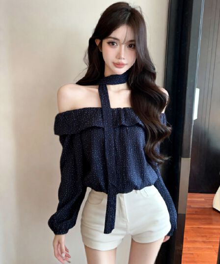 실사 새로운 외국 가스 프릴 오프숄더 도트 무늬 긴팔 여성 셔츠 경기 스카프