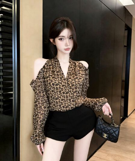 실사 새로운 레트로 V넥 홀로우 아웃 오프숄더 레오파드 무늬 긴팔 맨위 여성