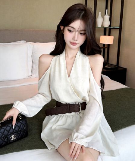 실사 새로운 순수한 욕망 오프숄더 행침 목 프릴 불규칙 긴팔 맨위 여성 벨트 포함