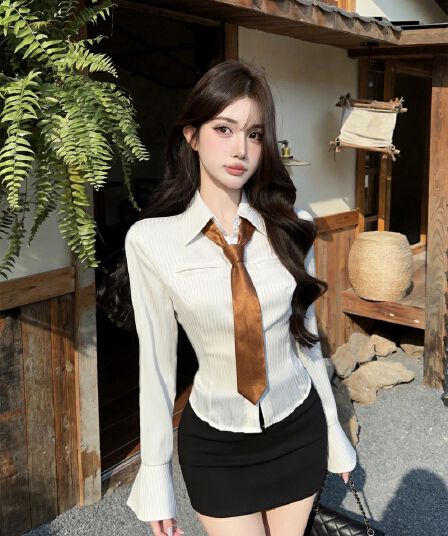 실사 새로운 고급 센스 폴로 칼라 허리 수축 긴팔 스트라이프 여성 셔츠 경기 넥타이