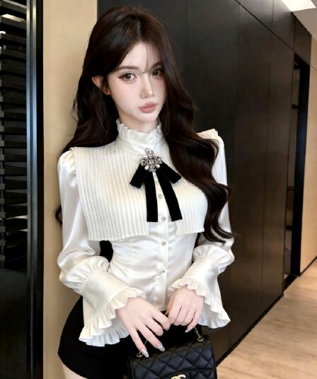 실사 새로운 명문 여성 나비 매듭 프릴 스탠드 칼라 긴팔 여성 셔츠