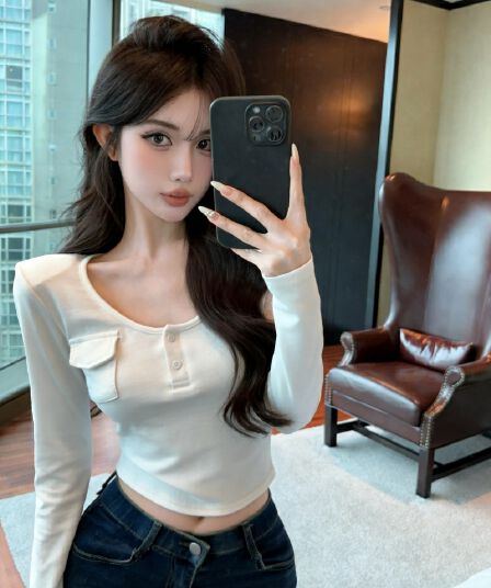 실사 새로운 핫걸 u 칼라 헨리 버클 작은 주머니 양모 긴팔 티셔츠 여성