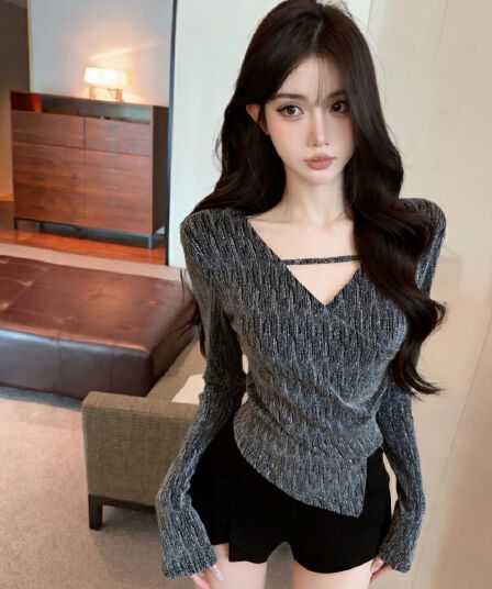 실사 새로운 순수한 욕망 불규칙 V넥 플래시 훈련 몸매 가꾸기 외국 가스 작은 셔츠 여성