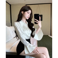 批发实拍 新款~高级感蕾丝拼接Polo领<b class='q'>缎面</b>长袖衬衫女