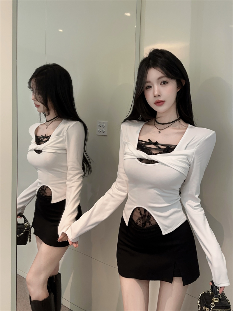 BY36841# 辣妹假两件蕾丝拼接长袖加绒纯棉T恤女  服裝批發女裝批發服飾貨源