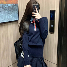 批发韩国学院风新款女款系绳毛衣<b class='q'>欧根纱</b>领假2件保暖毛衣
