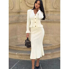 批发跨境秋冬新款<b class='q'>连衣裙</b>收腰喇叭袖针织上衣+鱼尾包臀裙外贸套装