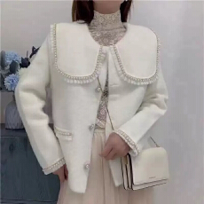 批发甜美娃娃领珍珠花边仿水貂绒外套<b class='q'>女</b>秋冬厚款百搭学院风针织开衫<b class='q'>女</b>