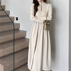 批发气质半高领设计感镂空针织<b class='q'>连衣裙</b>时尚收腰显瘦长袖打底A字毛衣裙