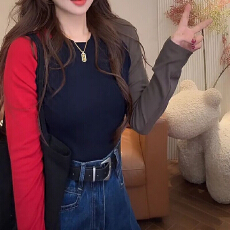 批发时尚撞色拼接插肩长袖恤<b class='q'>打底衫</b>女春秋冬季修身显瘦内搭<b class='q'>大码</b>上衣