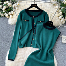 批发小香风两件套女秋冬高级感百搭圆领针织开衫外套+<b class='q'>无袖</b>背心连衣裙