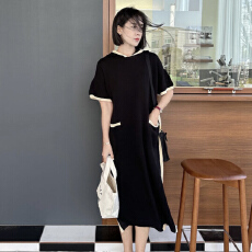 批发韩国<b class='q'>正品</b>ins博主 连帽拼色冰丝针织<b class='q'>连衣裙</b> 减龄百搭凉爽显瘦 2色