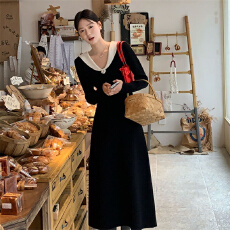 批发DH OFFICIAL 大花【午夜山茶】长袖<b class='q'>连衣裙</b>法式长裙优雅毛织v领裙