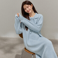 批发微胖mm冬季新款显瘦polo领毛衣裙水蓝慵懒感<b class='q'>连衣裙</b>女打底针织裙子